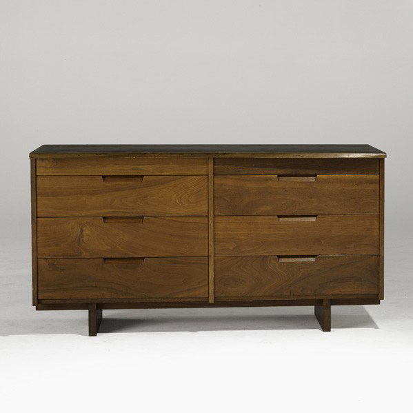 GEORGE NAKASHIMA; Dresser: GEORGE NAKASHIMA; Dovetailed double dresser, USA, 1968; American black walnut; Provenance available; Marked with client's name; 32'' x 60'' x 22 1/2''