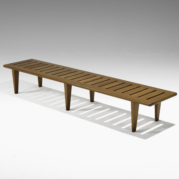 HANS WEGNER; JOHANNES HANSEN; Bench: HANS WEGNER; JOHANNES HANSEN; Slatted teak bench, Denmark, 1960s; Branded; 12'' x 77'' x 17''