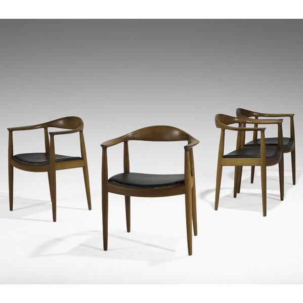 HANS WEGNER; JOHANNES HANSEN; Four chairs: HANS WEGNER; JOHANNES HANSEN; Set of four The chairs, Denmark, 1970s; Teak and leather; Branded; 30'' x 24'' x 20 1/2''