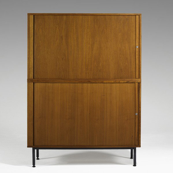 BORGE MOGENSEN (Attr); NIPU; Cabinet: BORGE MOGENSEN (Attr); NIPU; Tambour cabinet, Denmark, 1950s; Teak and matte chrome steel; Marked NIPU Denmark; Overall: 64'' x 47'' x 18''