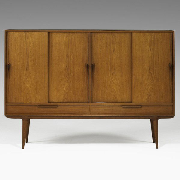GUNNI OMANN; OMANN JUN; Cabinet: GUNNI OMANN; OMANN JUN; Four-door cabinet, Denmark, 1950's; Teak; Paper label; 49 1/2'' x 71'' x 18''