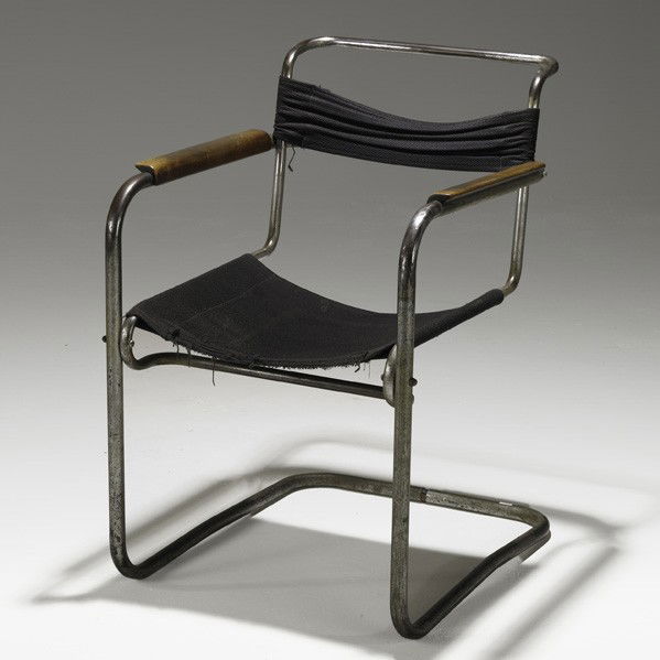 MARCEL BREUER AND ANTON LORENZ; DESTA; Armchair: MARCEL BREUER AND ANTON LORENZ; DESTA; Armchair, Germany, ca. 1931; Chromed steel, wood and canvas; Unmarked; 33'' x 21 1/2'' x 26''