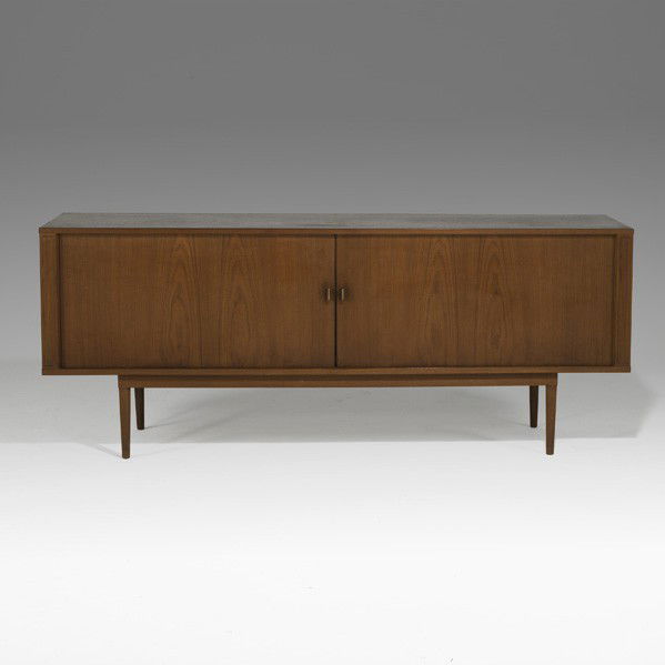 JENS QUISTGAARD (Attr.); LOVIG; Cabinet: JENS QUISTGAARD (Attr.); LOVIG; Tambour cabinet, Denmark, 1960's; Teak; Decal; 32'' x 79'' x 20''