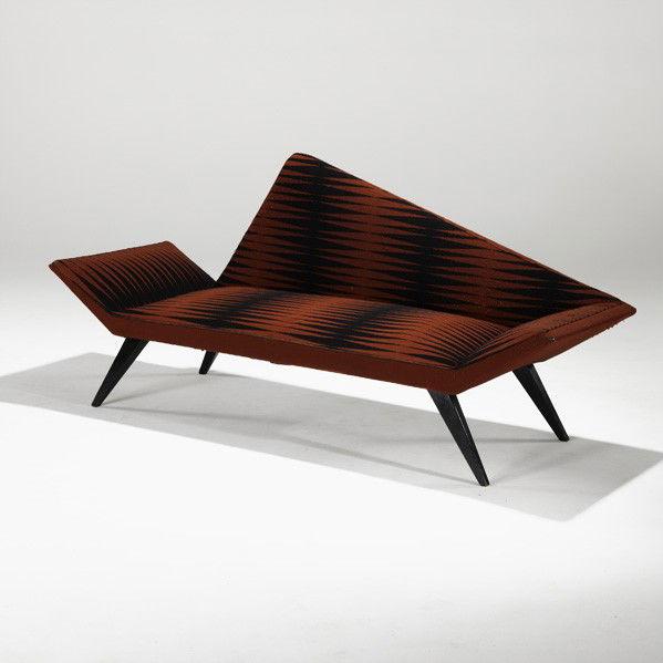 FOLKE JANSSON; S. M. WINCRANTZ; Loveseat: FOLKE JANSSON; S. M. WINCRANTZ; Loveseat, Sweden, 1950s; Wool and lacquered wood; Paper label; 36'' x 81'' x 27''
