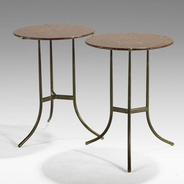 CEDRIC HARTMAN; Pair of occasional tables: CEDRIC HARTMAN; Pair of occasional tables, USA, 1970s; Granite and brass; Stamped; 23'' x 17'' dia.