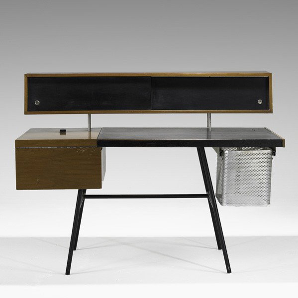 GEORGE NELSON; HERMAN MILLER; Desk: GEORGE NELSON; HERMAN MILLER; Home Office Desk (4658), USA, c. 1946; Walnut, leather, enameled steel and aluminum; Unmarked; 41'' x 54'' x 28''