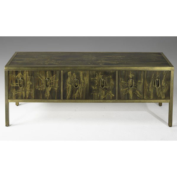 BERNHARDT ROHNE; MASTERCRAFT; Cabinet: BERNHARDT ROHNE; MASTERCRAFT; Cabinet, 1960's; Acid etched, polychrome and patinated bronze; Unmarked; 30'' x 78'' x 21''