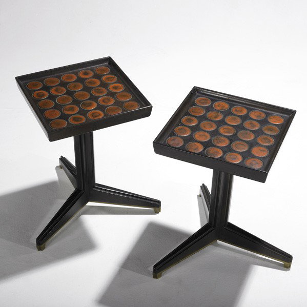 EDWARD WORMLEY; DUNBAR; Pair of tables: EDWARD WORMLEY; DUNBAR; Pair of Janus occasional tables (no. 6047), USA, 1960s; Brass labels; Natzler tiles, mahogany and brass; 16 1/2'' x 15'' x 15''
