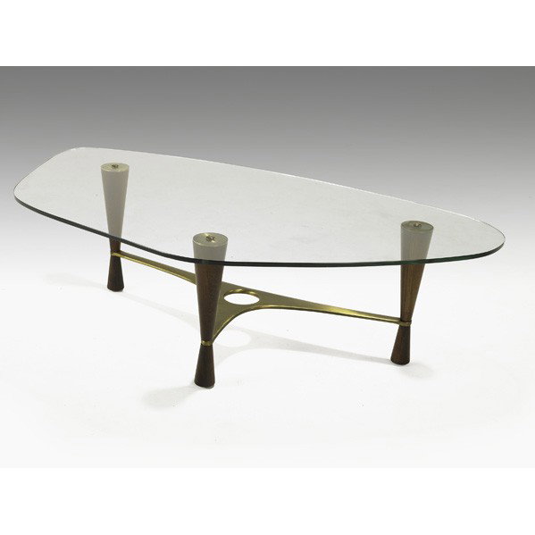 EDWARD WORMLEY; DUNBAR; Low table: EDWARD WORMLEY; DUNBAR; Low table (no. 5309), USA, ca. 1953; Rosewood, brass and glass; Unmarked; 16 1/2'' x 58'' x 31 1/2''