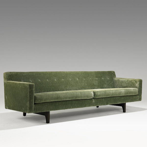 EDWARD WORMLEY; DUNBAR; Sofa: EDWARD WORMLEY; DUNBAR; Sofa, USA, 1950s; Sculpted mahogany and cotton velveteen; Unmarked; 28'' x 90'' x 32 1/2''