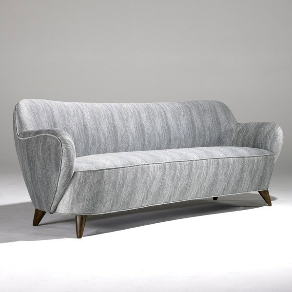 VLADIMIR KAGAN; Sofa: VLADIMIR KAGAN; VLADIMIR KAGAN DESIGNS, INC; Sofa (no. 100A), USA, 1970s; Jack Lenor Larsen velvet and sculpted walnut; Unmarked; 31'' x 82'' x 30''