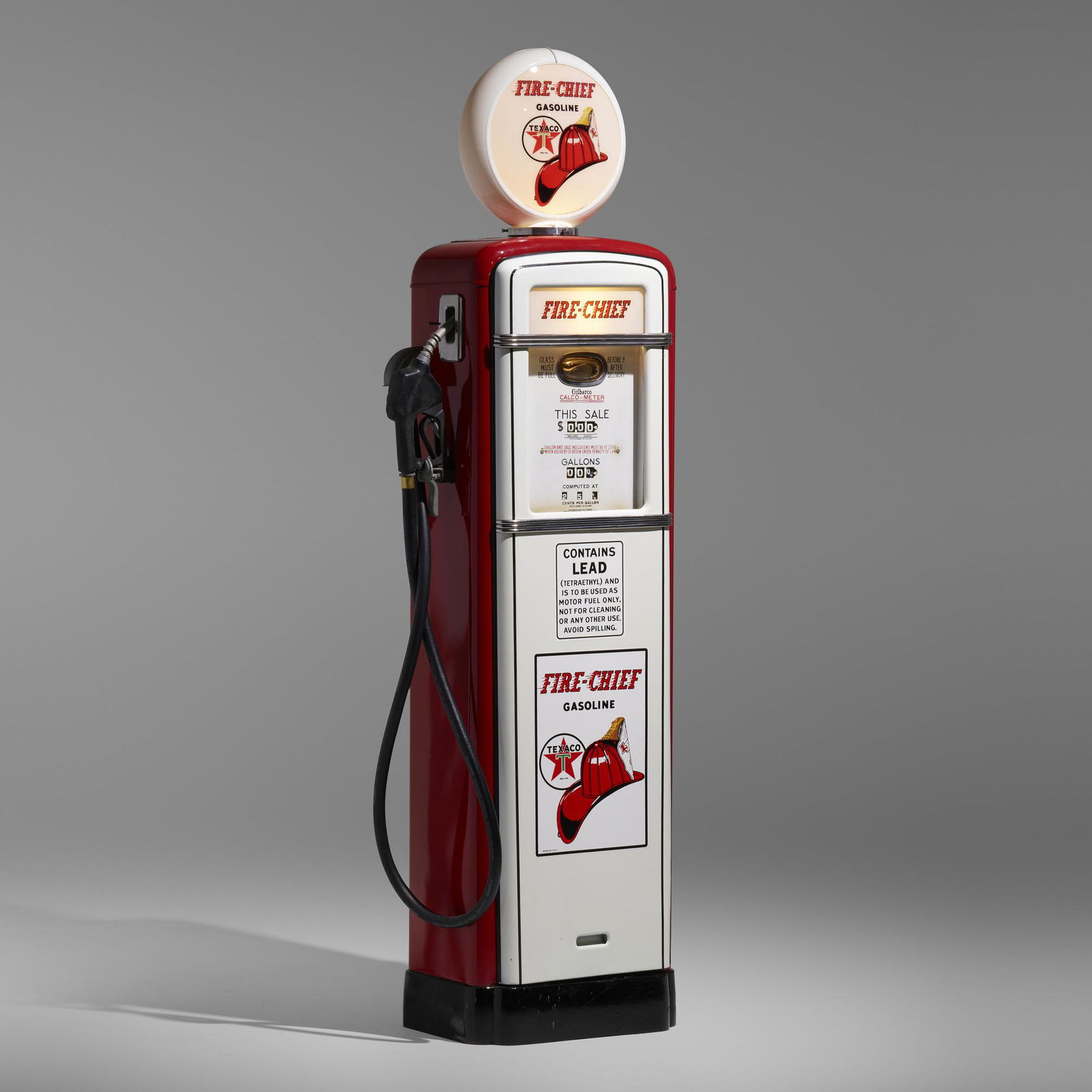 Texaco Gas, Gilbarco gas pump, model 96: Texaco Gas Gilbarco gas pump, model 96 USA, c. 1945steel, glass, enamel 89 h × 30 w × 18 d in (226 × 76 × 46 cm) This work will ship from Rago in Lambertvi