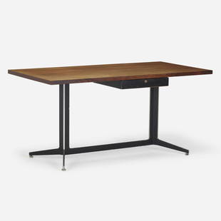 Ward Bennett, Desk: Ward Bennett Desk Lehigh LeopoldUSA, c. 1965rosewood, enameled aluminum, lacquered wood 29 h &times; 60 w &times; 30 d in (74 &times; 152 &times; 76 cm) Desk features a single drawer wit