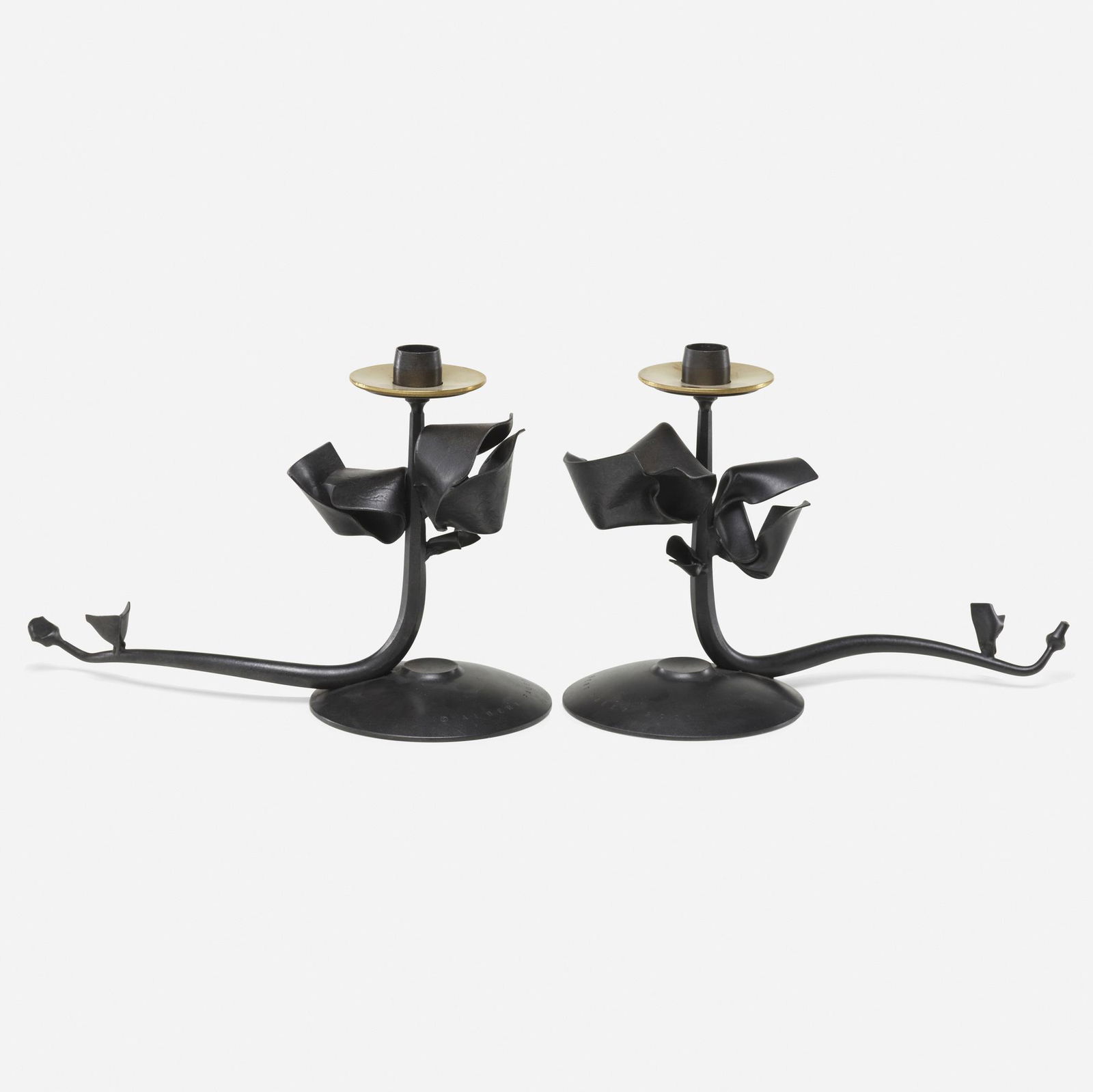 Albert Paley, Tuft candleholders, pair: Albert Paley Tuft candleholders, pair USA, 2001forged mild steel with a blackened patina, removable brass bobeches (collars) 7.25 h × 11 w × 5 d in (18 × 28 × 13 cm) Im