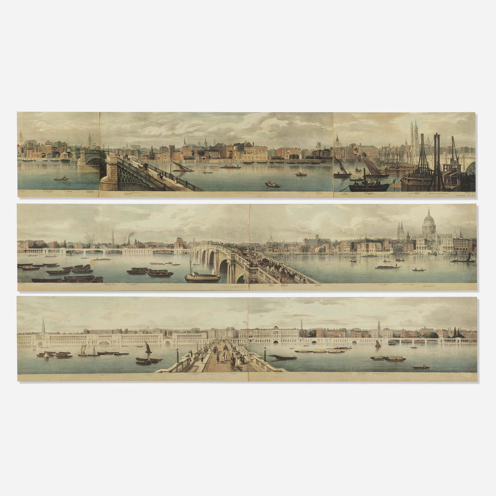 Thomas Mann Baynes, three works: Thomas Mann Baynes View of the North Bank of the Thames from Westminster Bridge to London Bridge (three works) 20th c.offset lithograph in colors sight: 8 h × 44 w in (20 × 112 cm)