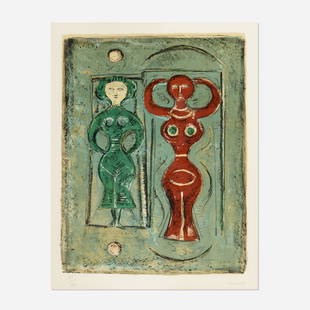 Massimo Campigli, Composizione con due figure: Massimo Campigli Composizione con due figure 1965lithograph in colors sight: 23.25 h × 18.25 w in (59 × 46 cm) Signed, dated and numbered to lower edge '167/210 Campigli 65'. This