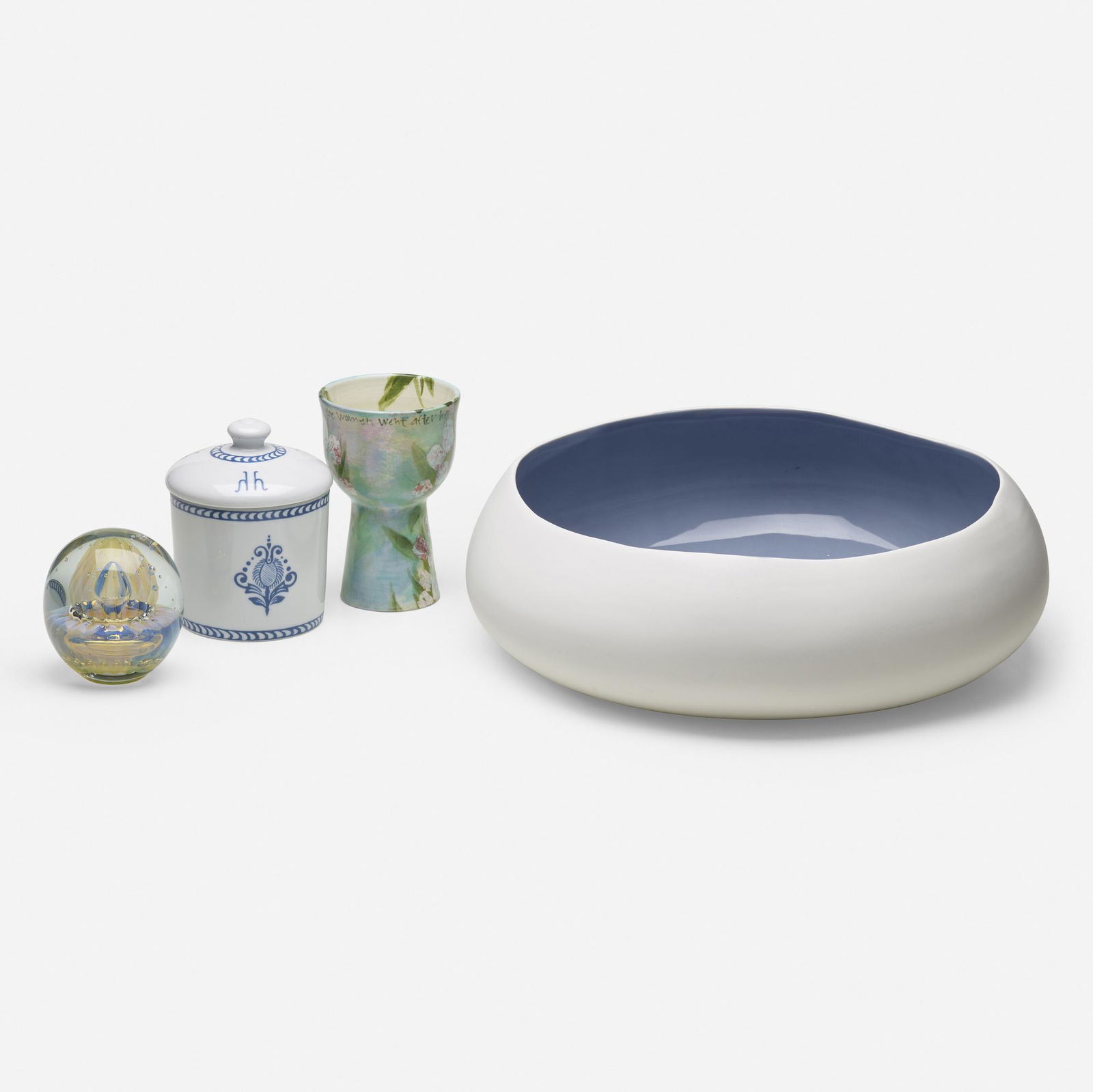 Contemporary, Collection of four objects: Contemporary Collection of four decorative objects glazed ceramic, hand-blown glass largest: 5 h × 15.5 dia in (13 × 39 cm) smallest: 3.75 h × 3.75 dia in (10 × 10 cm) Lot