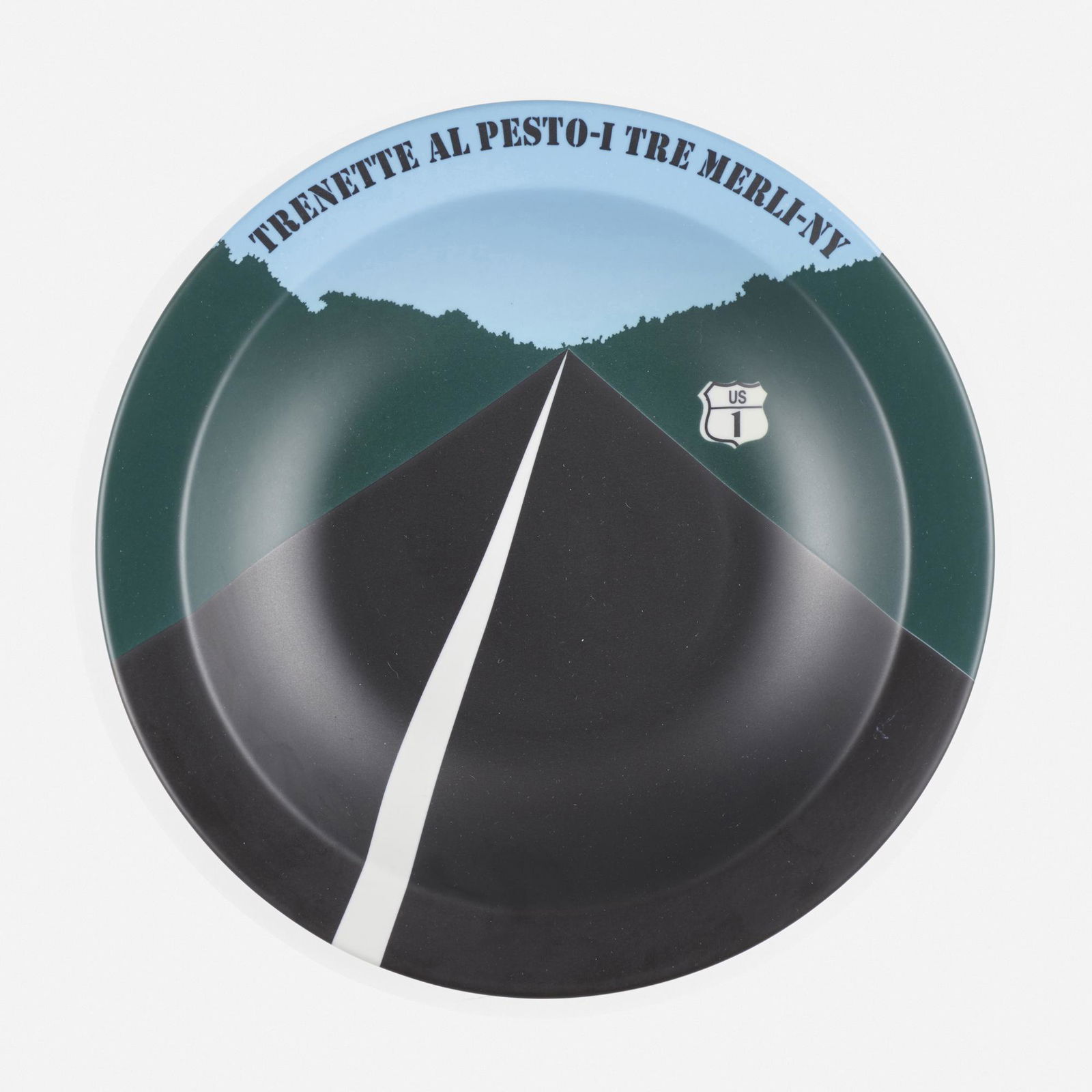 Allan D'Arcangelo, Trenette Al Pesto plate: Allan D'Arcangelo Trenette Al Pesto - I Tre Merli - NY 1998ceramic 1.75 d × 10.25 dia in (4 × 26 cm) Titled to upper edge 'Trenette Al Pesto - I Tre Merli - NY'. Signed, titled, da