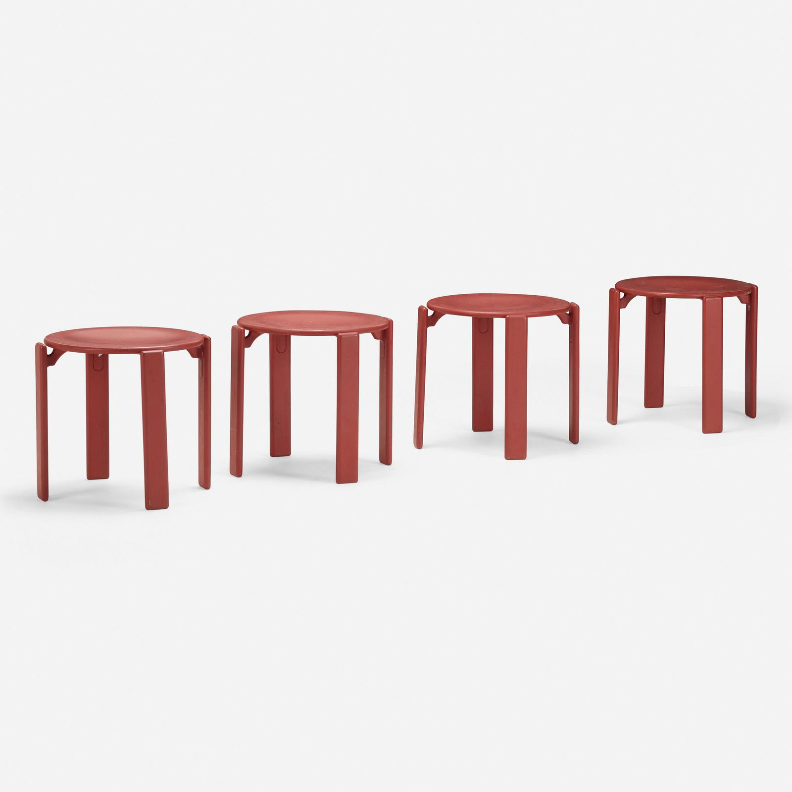 Bruno Rey, Stacking stools, set of four: Bruno Rey for Dietiker Stacking stools, set of four 1971 lacquered wood and aluminum 17.25 h Ã— 19.5 dia in (44 Ã— 50 cm) The present stools were retailed by Harvey Probber. T