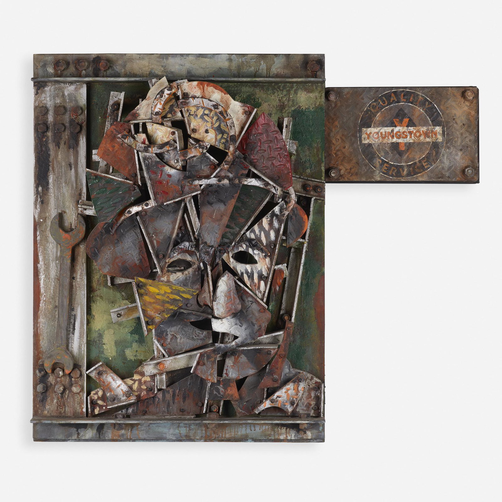 Raymon Elozua, Steelworker #3: Raymon Elozua Steelworker #3 1986 oil on terracotta on wood 39 h × 46 w × 9 d in (99 × 117 × 23 cm) Provenance: Carlo Lamagna Gallery, New York | Privat