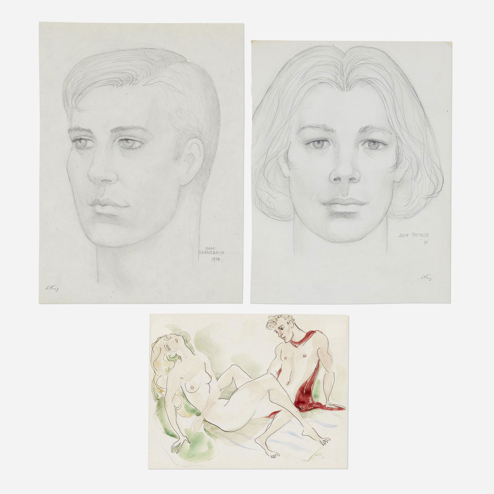 Emlen Etting, three works: Emlen Etting Sam Gransback; Jean Patrice; Untitled (three works) 1971, 1974graphite on paper, watercolor, ink and graphite on paper 9.875 h × 7.625 w in (25 × 19 cm) 10.75 h × 7.
