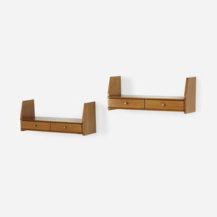 Marcel Gascoin, Wall-hanging shelves, pair: Marcel Gascoin Wall-hanging shelves, pair France, c. 1950oak, brass 12.75 h × 30.5 w × 9.5 d in (32 × 77 × 24 cm) Each example features two drawers. Sold with a digital