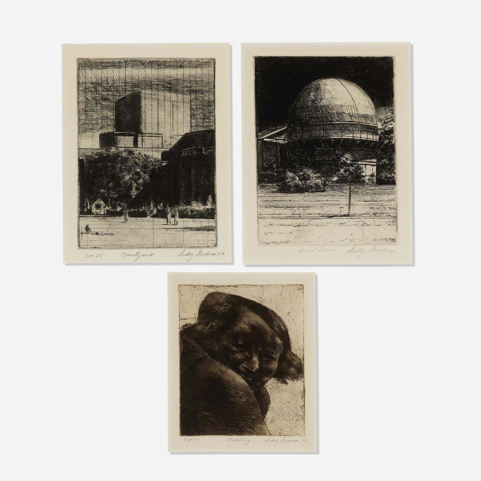 Sidney Goodman, three works: Sidney Goodman Round House; Courtyards; Watching (three works) 1962, 1969etching sight: 7 h × 5.5 w in (18 × 14 cm) sight: 8.5 h × 6.25 w in (22 × 16 cm) Signed and