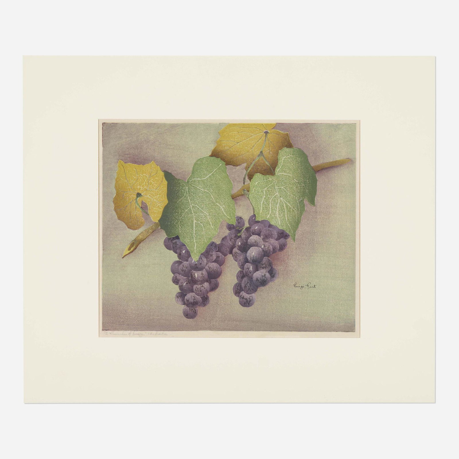 Luigi Rist, 2 Bunches of Grapes: Luigi Rist 2 Bunches of Grapes 1942woodcut in colors 10.875 h × 13.5 w in (28 × 34 cm) Signed, titled and numbered to lower edge '2 Bunches of Grapes 150 Edition Luigi Rist'. This