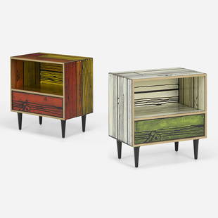 Wrong and Woods, Wrongwoods nightstands, pair: Sebastian Wrong and Richard Woods Wrongwoods nightstands, pair Established & SonsUnited Kingdom 2007painted and lacquered wood 23.75 h × 23 w × 14 d in (60 × 58 × 36 cm)