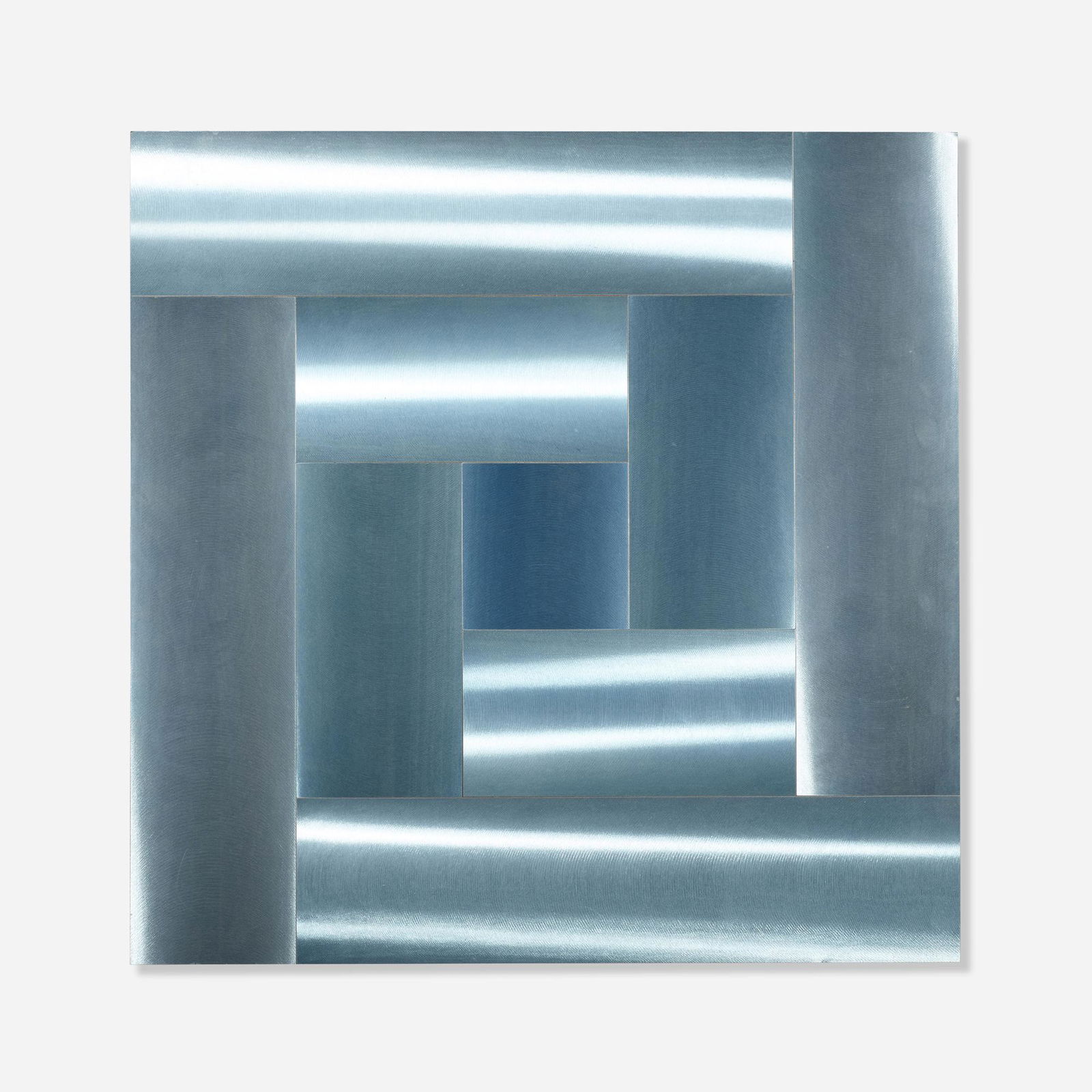 Getulio Alviani, Quadrato in Alumino: Getulio Alviani Quadrato in Alumino 1964cobalt enamel on aluminum 27.25 h Ã— 27.25 w in (69 Ã— 69 cm) Signed to artist's label to verso 'Getulio Alviani'. This work is registered at Centro Stu