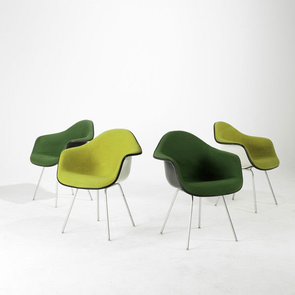CHARLES & RAY EAMES / HERMAN MILLER: CHARLES & RAY EAMES; HERMAN MILLER; Set of four armchairs, USA, 1960's; Wool, plastic, fiberglass and zinc-plated steel; All embossed; 32'' x 26'' x 24 1/2''