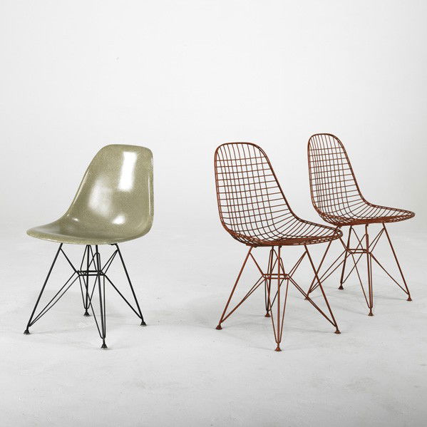 CHARLES & RAY EAMES / HERMAN MILLER: CHARLES & RAY EAMES; HERMAN MILLER; Three Eiffel Tower side chairs, 1950's; Fiberglass and enameled steel; One with paper label; 31'' x 18 3/4'' x 21 1/2''
