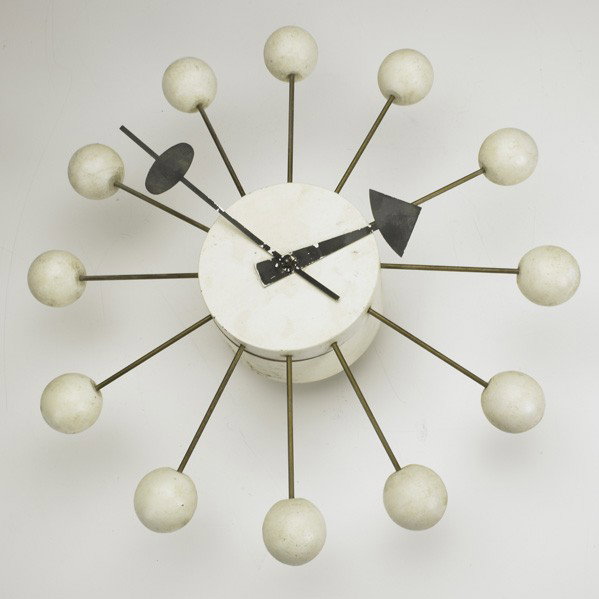 GEORGE NELSON / HOWARD MILLER: GEORGE NELSON; HOWARD MILLER; White lacquered wood and metal Ball clock with brass rods; Howard Miller Clock Company label; 13'' dia. x 3 1/4''.