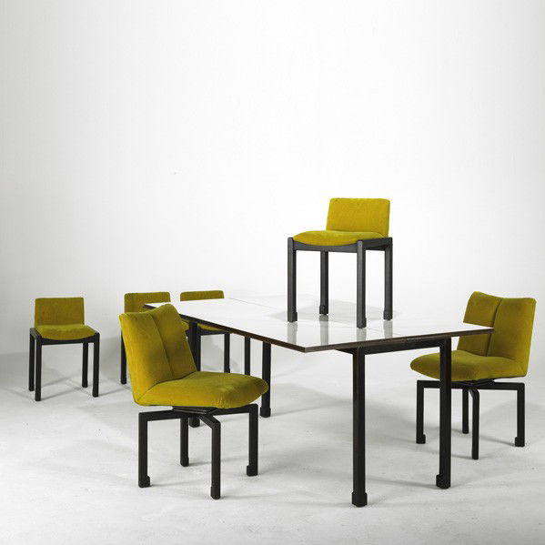 VLADIMIR KAGAN / GROSFELD HOUSE: VLADIMIR KAGAN; GROSFELD HOUSE; Seven pieces, 1950's: flip-top dining table and six chairs, two swivel; Mahogany, laminate and mohair; Unmarked; Table open: 30'' x 66'' x 44'' swivel chair: 32'' x 18'