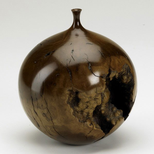HAP SAKWA: HAP SAKWA; Manzanita burl squat narrow-necked vessel; Signed and numbered Hap Sakwa 3/82, Manzanita; 6 3/4''