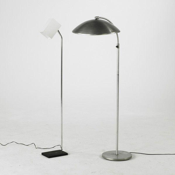 KURT VERSON / GEORGE KOVACS: KURT VERSON; GEORGE KOVACS; Two floor lamps, USA, 1940's and 1970's; Brushed aluminum, enameled and chromed steel; Taller: 50'' x 23'' x 16 1/2''