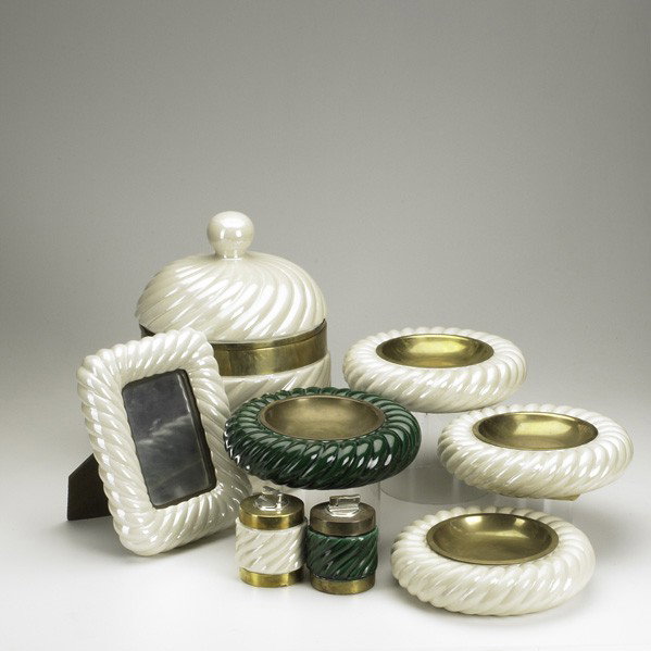 TOMASO BARBI: TOMASO BARBI; Eight pieces: four ashtrays, two lighters, picture frame and lidded ice-bucket; Most marked; Ice-bucket: 14 1/4'' x 10'' dia.