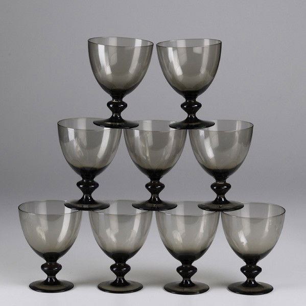 ORREFORS: ORREFORS; Nine smoked crystal water goblets; 5 1/8'' x 4''