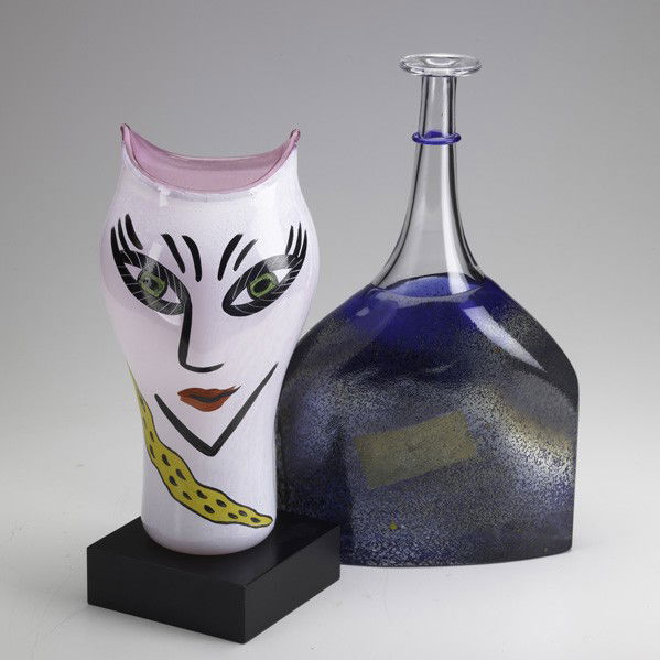ULRICA HYDMAN-VALLIEN/BERTIL VALLIEN/KOSTA BODA: ULRICA HYDMAN-VALLIEN; BERTIL VALLIEN; KOSTA BODA; Two glass pieces: ''Open Minds'' vase together with bottle-shaped vase; Both signed; Bottle: 17'' x 10'' x 4''