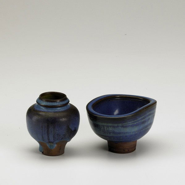 WILHELM KAGE / GUSTAVSBERG: WILHELM KAGE; GUSTAVSBERG; Two pieces: redware cabinet vase and oblong bowl; Both signed; Tallest: 3 1/8''