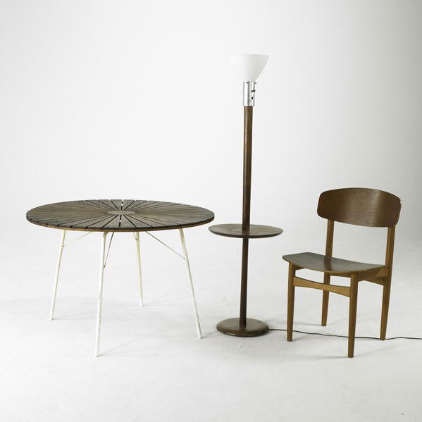 DANISH MODERN: DANISH MODERN; Three pieces of furniture, Denmark, 1950's/60's; teak and enameled dining table, teak side chair, teak and aluminum lamp table; Chair branded Denmark; Dining table: 25 1/2'', lamp table