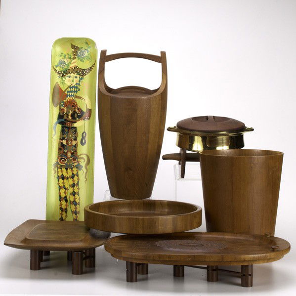 DANISH DESIGN GROUPING: DANISH DESIGN GROUPING; Ten pieces: Jens Quistgaard for Dansk covered ice bucket, signed, teak waste basket, Bjorn Winblad papier-mâché hanging plaque, etc.; Tallest: 2''