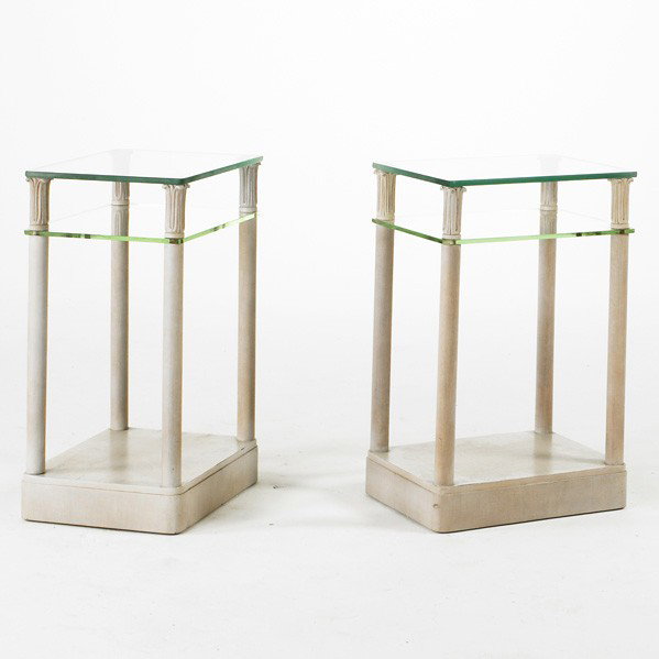 GROSFELD HOUSE: GROSFELD HOUSE; Pair of tiered side tables, USA, 1940's; Whitewashed mahogany and glass; Unmarked; Each: 27'' x 17'' x 13 1/2''