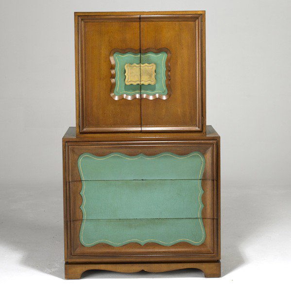 GROSFELD HOUSE: GROSFELD HOUSE; Mahogany, brass and tooled leather armoire; Foil label; 62'' x 36'' x 21''