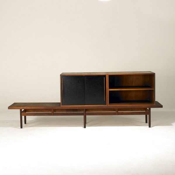 MILO BAUGHMANN / GLENN OF CALIFORNIA: MILO BAUGHMANN; GLENN OF CALIFORNIA (Attr.); Walnut and lacquered Masonite bench, storage units and two modular cabinets; Unmarked; Bench: 14 1/2'' x 86'' x 18'', cabinet: 20'' x 29'' x 18''