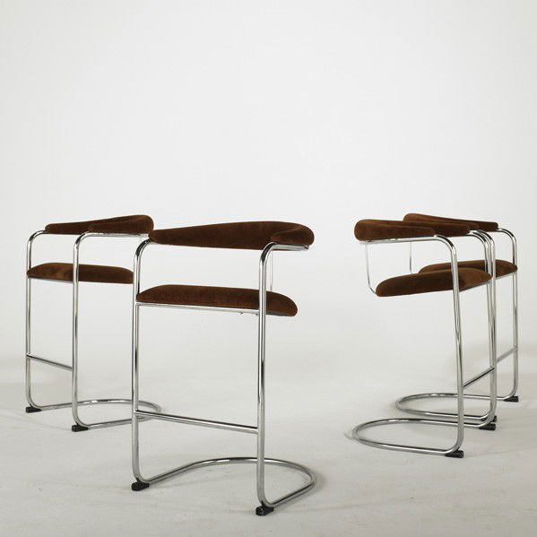 ANTON LOREN / THONET: ANTON LORENZ; THONET; Tubular steel and velour bar stools; Fabric labels; 40'' x 24'' x 22''