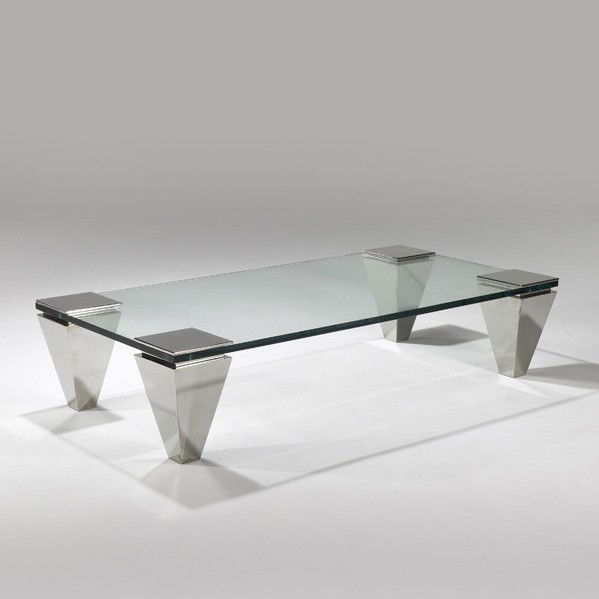 BRUETON: BRUETON; Chrome plated steel and glass coffee table; Unmarked; 16'' x 72'' x 36''