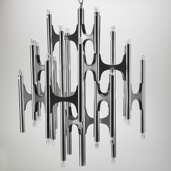 LIGHTOLIER: LIGHTOLIER; Thirty-six light chandelier; Chrome, aluminum and rubber; Labeled; 29 1/2'' x 20'' dia.