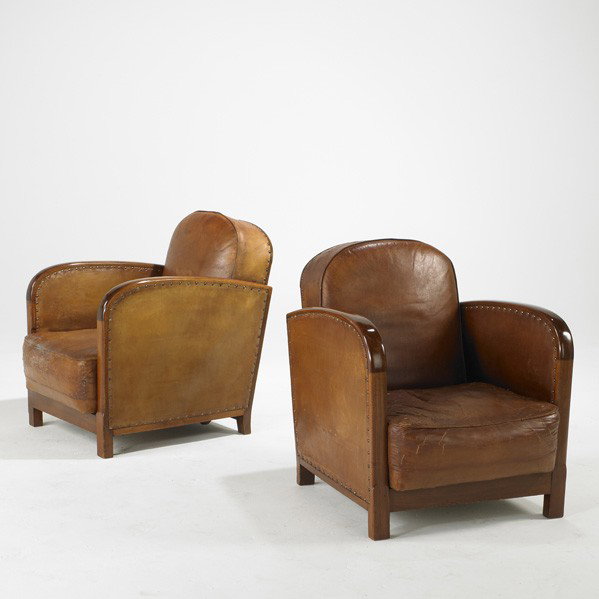 ART DECO: ART DECO; Pair of club chairs, USA, 1930's; Beech, leather and brass; Unmarked; 31'' x 26'' x 33''