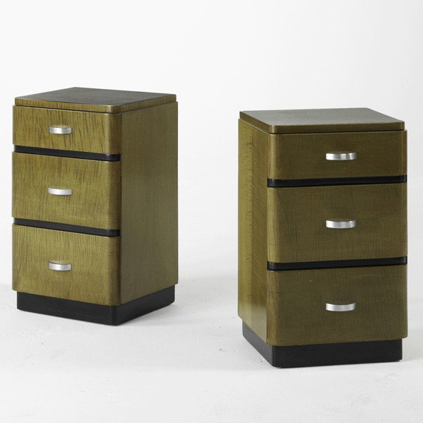 ART DECO: ART DECO; Pair of nightstands, likely American, 1940's; Satinwood, zinc-plated steel and enameled wood; Unmarked; Tallest: 24 1/2" x 14 1/2" x 13"